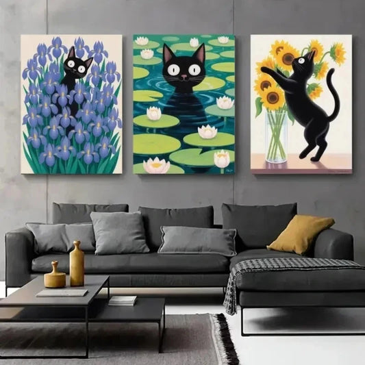3pcs Black Cat Canvas  Pop Art Style  Wall Art Canvas  Wall Art Set Canvas Framed 40x60cm - High Quality Print 100% Australian Made Wall Canvas Ready to Hang