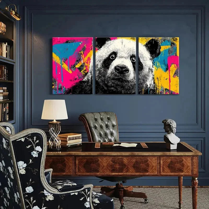 3pcs Panda Art Graffiti Style Vibrant Colors Metal Print Ready to Hang Art