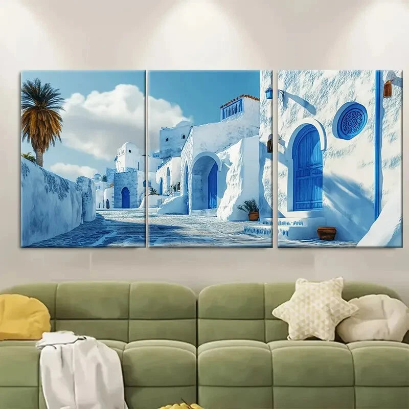 3pcs Blue and White Tunisian Village Sidi Bou Said Metal Print Ready to Hang Art