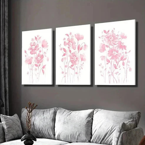 3pcs Small Fresh Light Pink Flowers  Wall Art Set Canvas Unframed - High Quality Print 100% Australian Made Wall Canvas