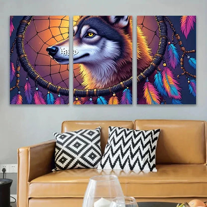 3pcs Wolf with Vibrant Feathers & Beads Metal Print Ready to Hang Art