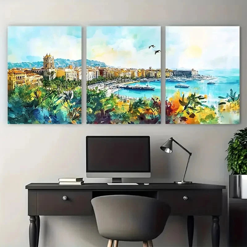 3pcs Malaga Cityscape Spain Landscape Perfect Wall Art Set Canvas Framed 40x60cm - High Quality Print 100% Australian Made Wall Canvas Ready to Hang