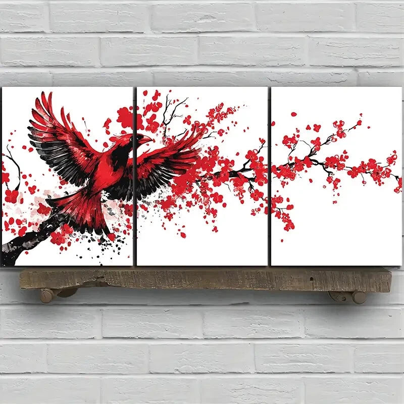 3pcs Birds on Plum Blossom Branches Paintings Metal Print Ready to Hang Art