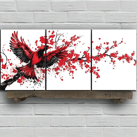 3pcs Birds on Plum Blossom Branches Paintings Metal Print Ready to Hang Art
