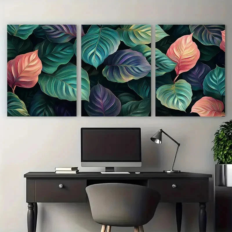 3pcs Tropical Calathea Vibrant Foliage Design Metal Print Ready to Hang Art