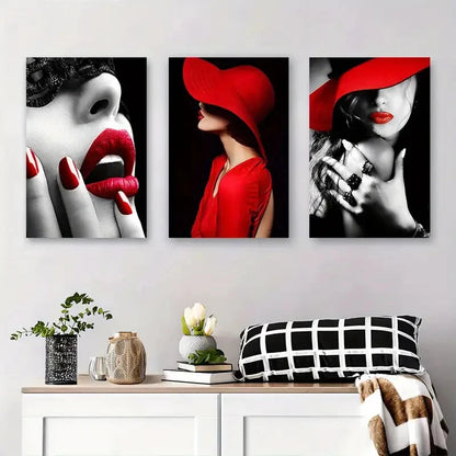 3pcs Chic Red Hat & Lipstick Fashion Perfect Wall Art Set Canvas Framed 40x60cm - High Quality Print 100% Australian Made Wall Canvas Ready to Hang