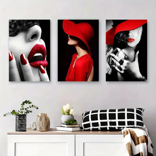 3pcs Chic Red Hat & Lipstick Fashion Perfect Wall Art Set Canvas Framed 40x60cm - High Quality Print 100% Australian Made Wall Canvas Ready to Hang
