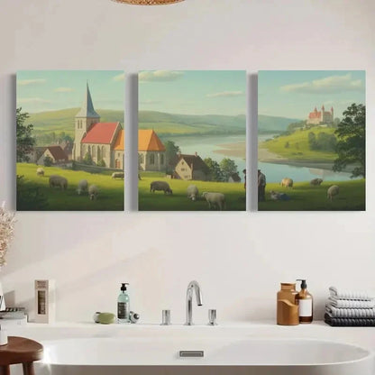 3pcs Vintage Style Featuring Castle Painting Metal Print Ready to Hang Art