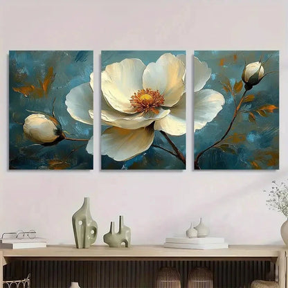 3pcs Elegant White Flower Modern Oil Painting Metal Print Ready to Hang Art