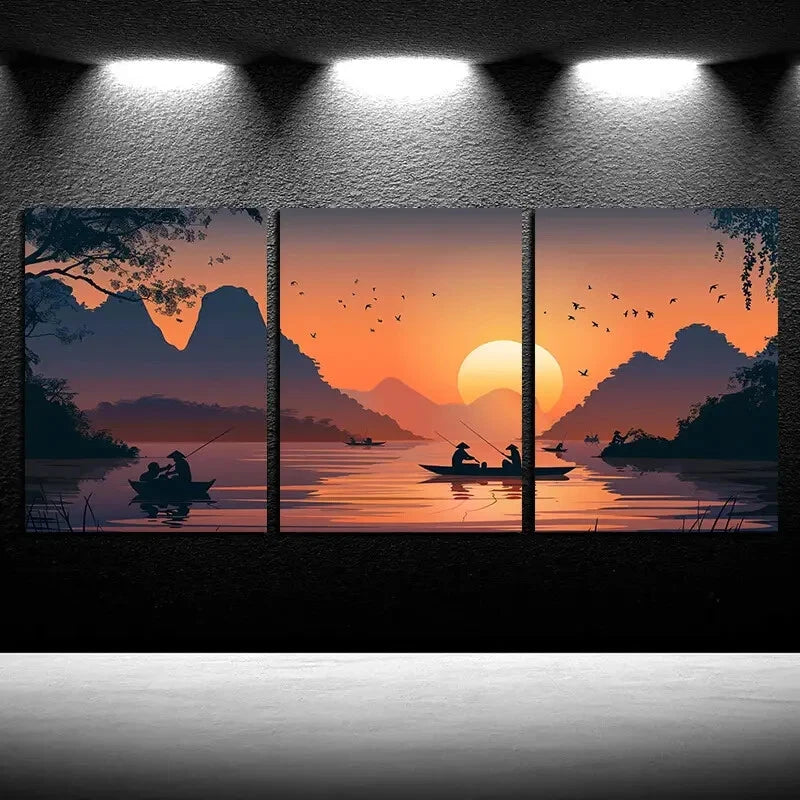 3pcs Fishing Boats on The Sea Surface with Sunset Metal Print Ready to Hang Art