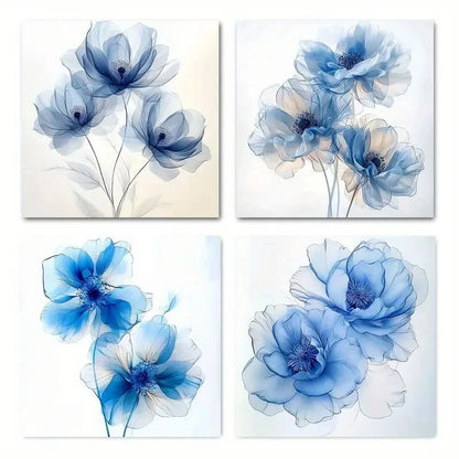 4pcs Modern Blue Floral Wall Art Canvas Framed