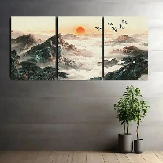 3pcs Chinese Landscape with Mountains And Clouds Metal Print Ready to Hang Art