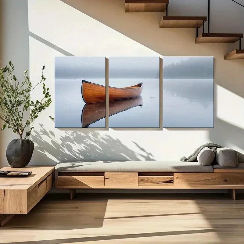 3pcs Tranquil Lake Scene with Wooden Canoe Metal Print Ready to Hang Art