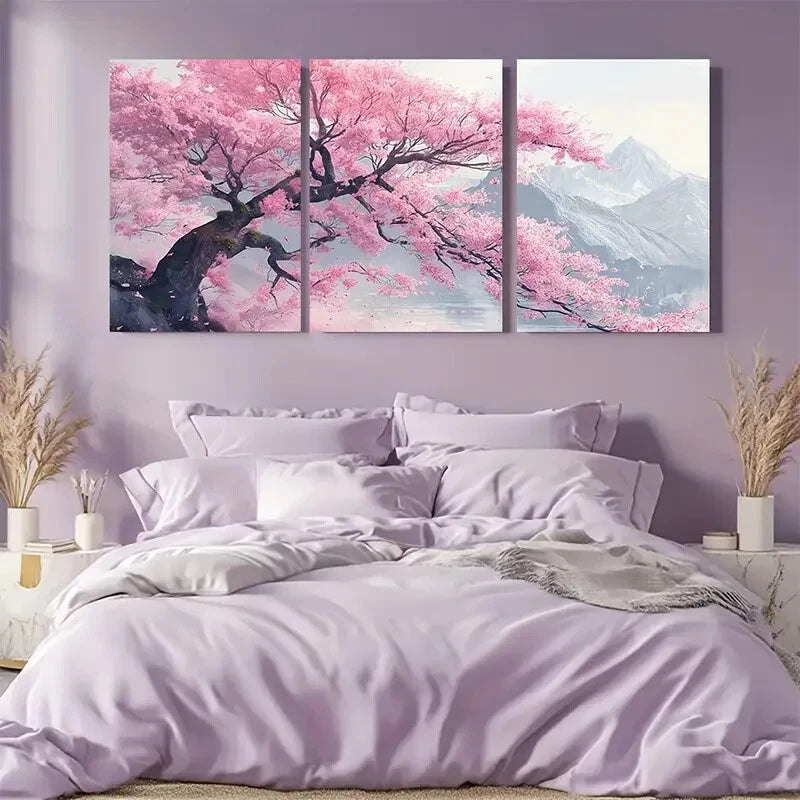 3pcs Cherry Blossom Tree & Mountain Scenery Metal Print Ready to Hang Art