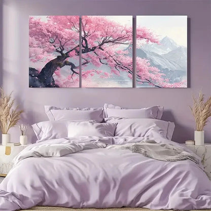 3pcs Cherry Blossom Tree & Mountain Scenery Metal Print Ready to Hang Art