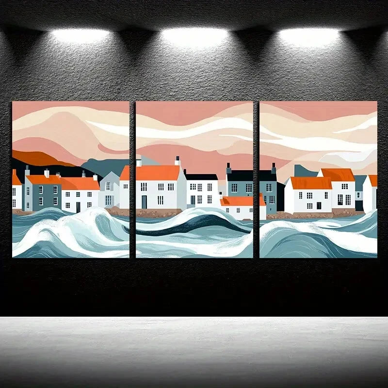 3pcs Pastoral Coastal Town Wave Design Metal Print Ready to Hang Art