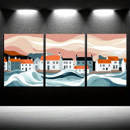 3pcs Pastoral Coastal Town Wave Design Metal Print Ready to Hang Art