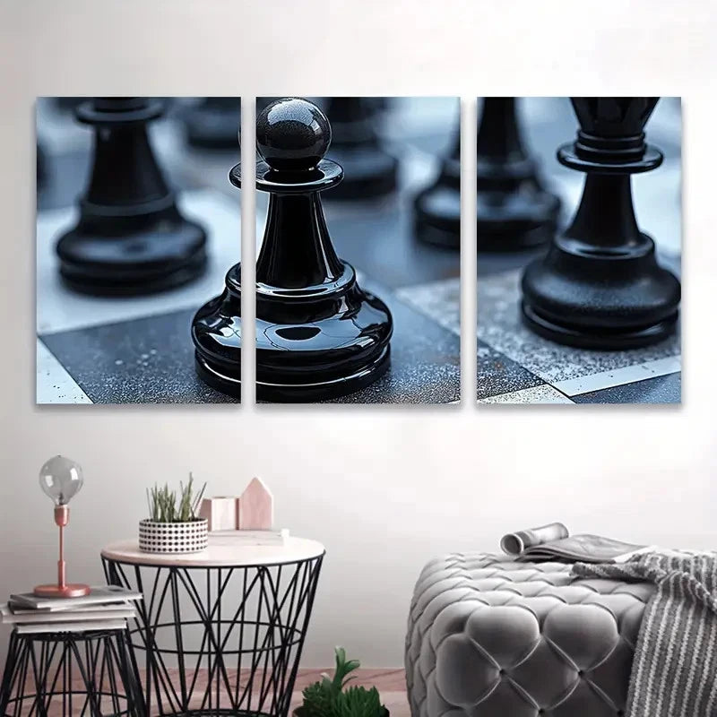 3pcs Close-Up Of Chess Board Wall Art Set Canvas Framed 60x90cm - High Quality Print 100% Australian Made Wall Canvas Ready to Hang