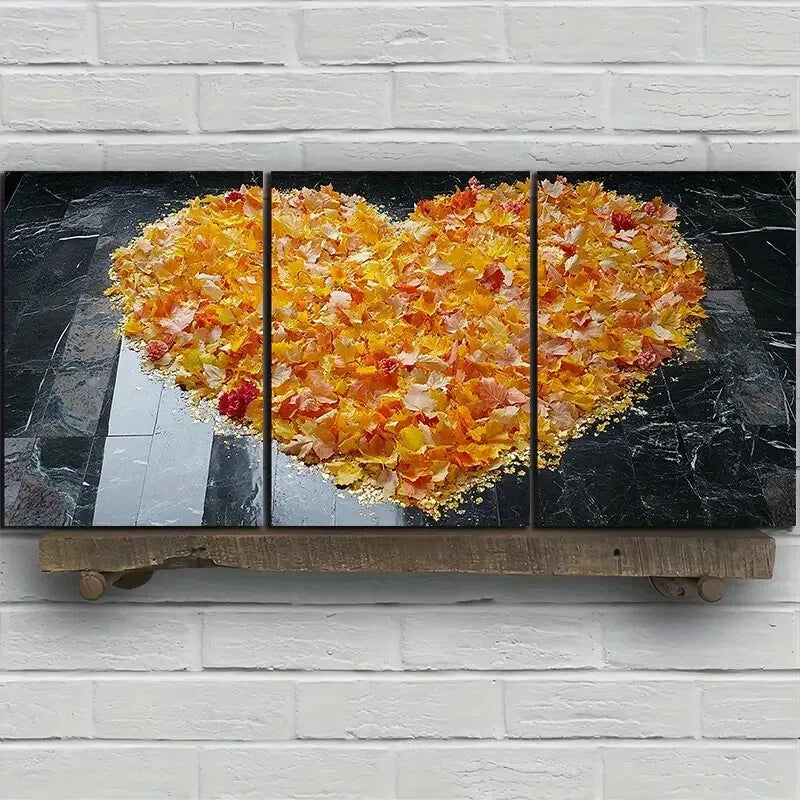 3pcs Set Love Made of Leaves Golden Themed Metal Print Ready to Hang Art