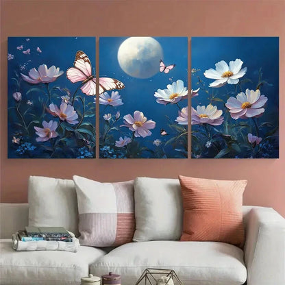 3pcs Moonlit Garden with Flowers Butterflies Metal Print Ready to Hang Art