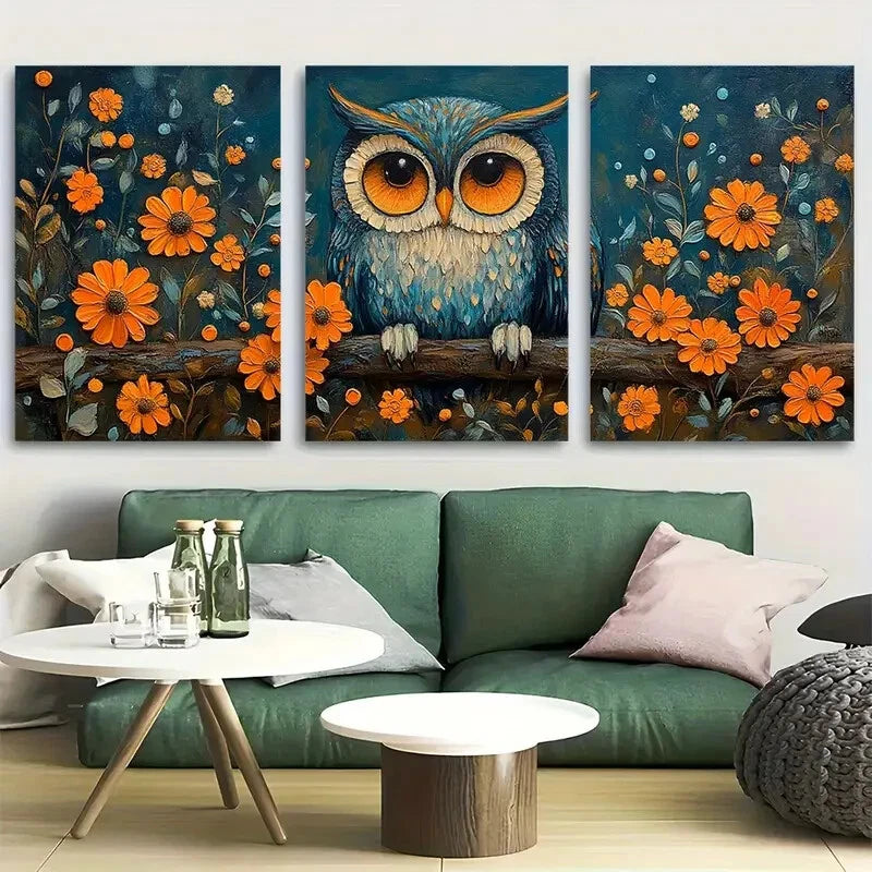 3pcs Whimsical Nature Owl Celestial Metal Print Ready to Hang Art