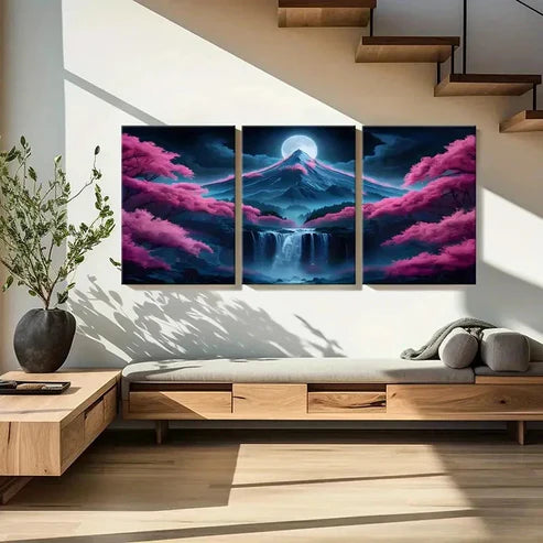 3pcs Sakura Mountain Waterfall Wall Art Canvas Unframed - High Quality Print 100% Australian Made Wall Canvas