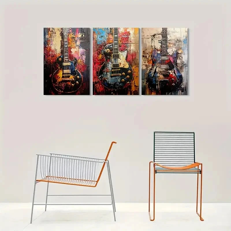 3pcs Vibrant Abstract Guitar Colorful Electric Metal Print Ready to Hang Art