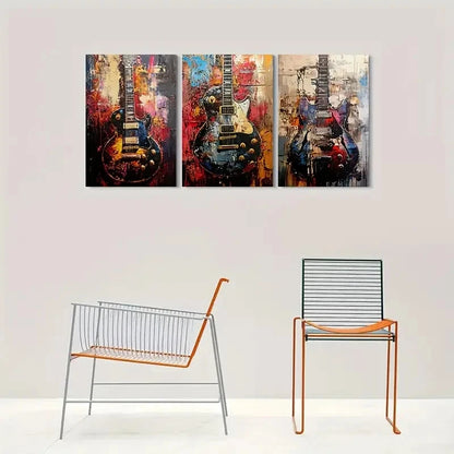 3pcs Vibrant Abstract Guitar Colorful Electric Metal Print Ready to Hang Art