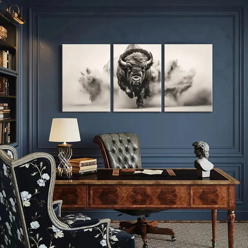 3pcs Powerful Bison Wildlife Art Monochrome Art Metal Print Ready to Hang Art
