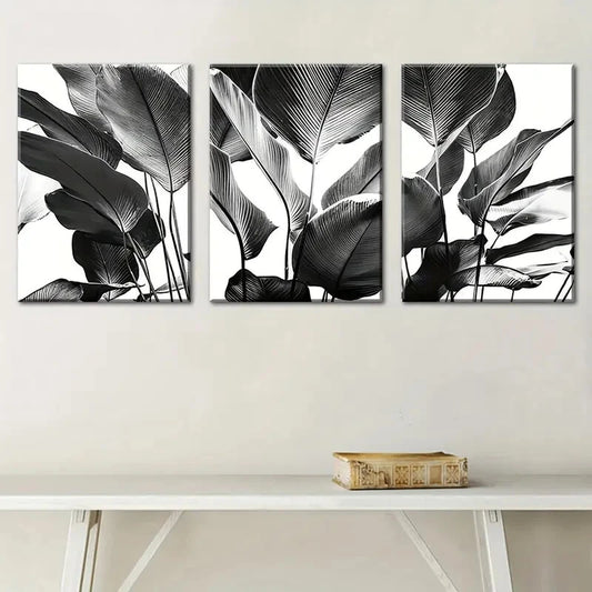 3pcs black and white style natural plant leaf Metal Print Ready to Hang Art