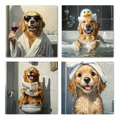 4pcs Funny Golden Retriever Dog Bathroom Wall Art Canvas Framed