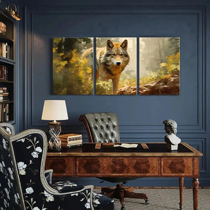 3pcs Wolf Forest Autumn Animal Art Vintage Metal Print Ready to Hang Art