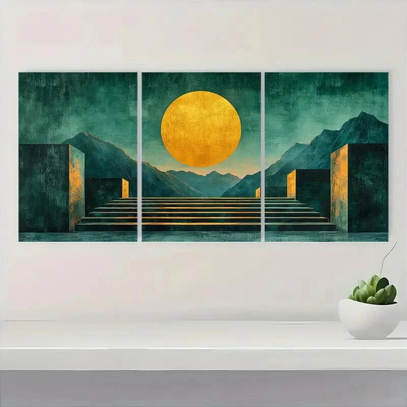 3pcs Minimalist Blue Green Abstract Geometric Metal Print Ready to Hang Art