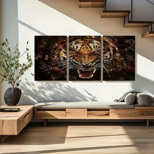 3pcs Broken Tiger Roar Vintage Fantasy Animal Metal Print Ready to Hang Art