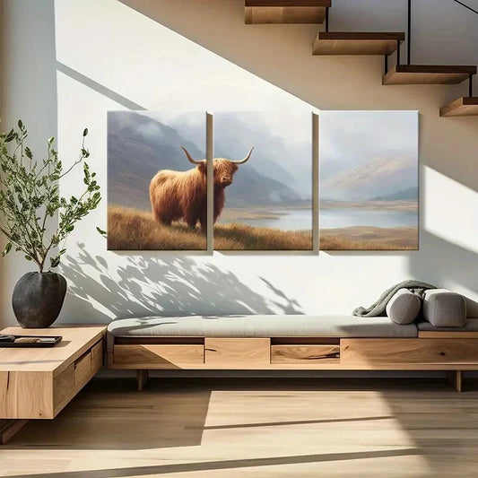 3pcs Highland Cow Landscape Art Mountain Scenery Metal Print Ready to Hang Art
