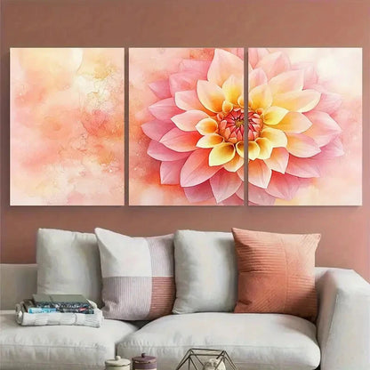 3pcs Soft Pink and Yellow Dahlia Elegant Floral Metal Print Ready to Hang Art