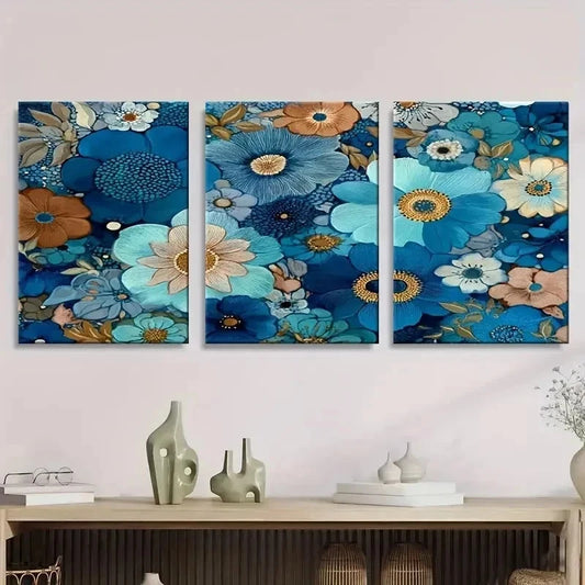3pcs Abstract Floral Flowers In Shades Of Blue Wall Art Set Canvas Framed 50x70cm - High Quality Print 100% Australian Made Wall Canvas Ready to Hang