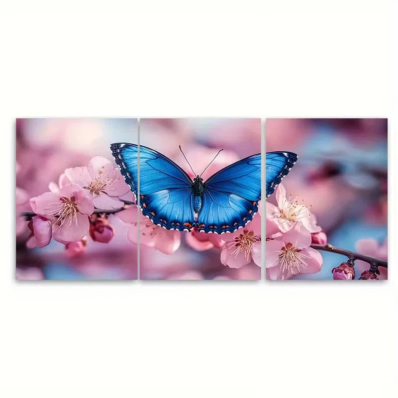 3pcs Curious Blue Butterfly on Apricot Blossoms Metal Print Ready to Hang Art