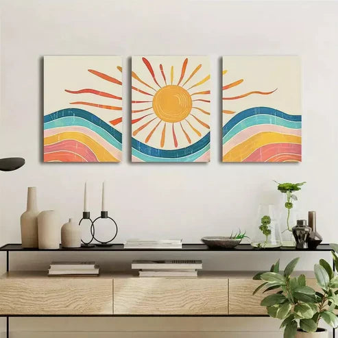 3pcs Mid-Century Abstract Landscape Canvas Framed 60x90 cm - High Quality Print 100% Australian Made Wall Canvas Ready to Hang