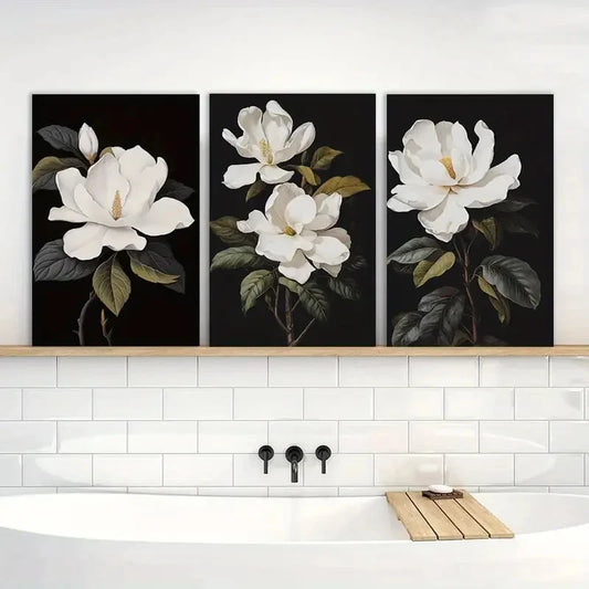 3pcs Magnolia Flower Black and White Floral Metal Print Ready to Hang Art