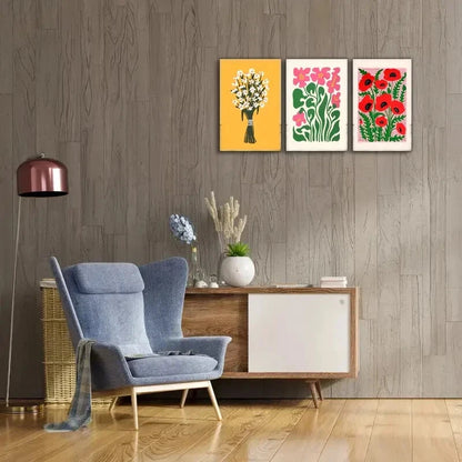 3pcs Floral Style Pink Red and White Flowers Metal Print Ready to Hang Art