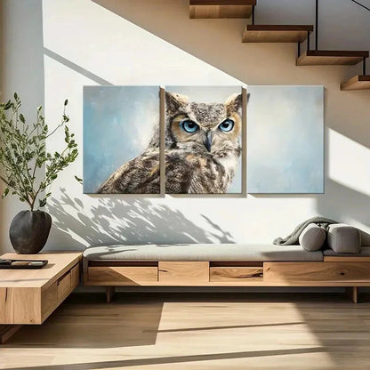 3pcs Owl Portrait Blue Eyes Detailed Feathers Metal Print Ready to Hang Art