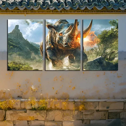 3pcs Savage Rhinoceros Running in the Forest Metal Print Ready to Hang Art