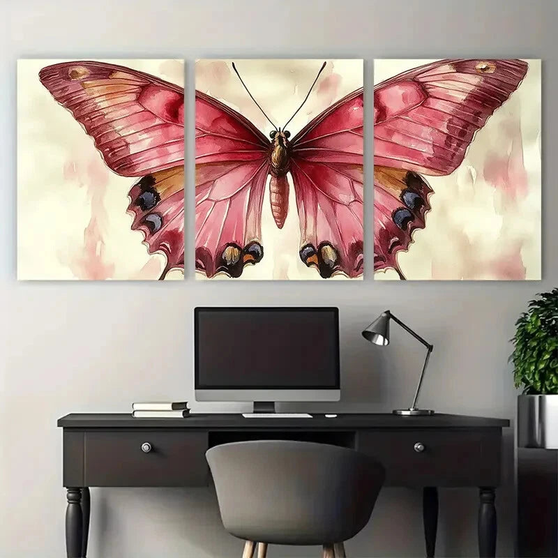 3pcs Vintage Pink Butterfly Insect Design Metal Print Ready to Hang Art