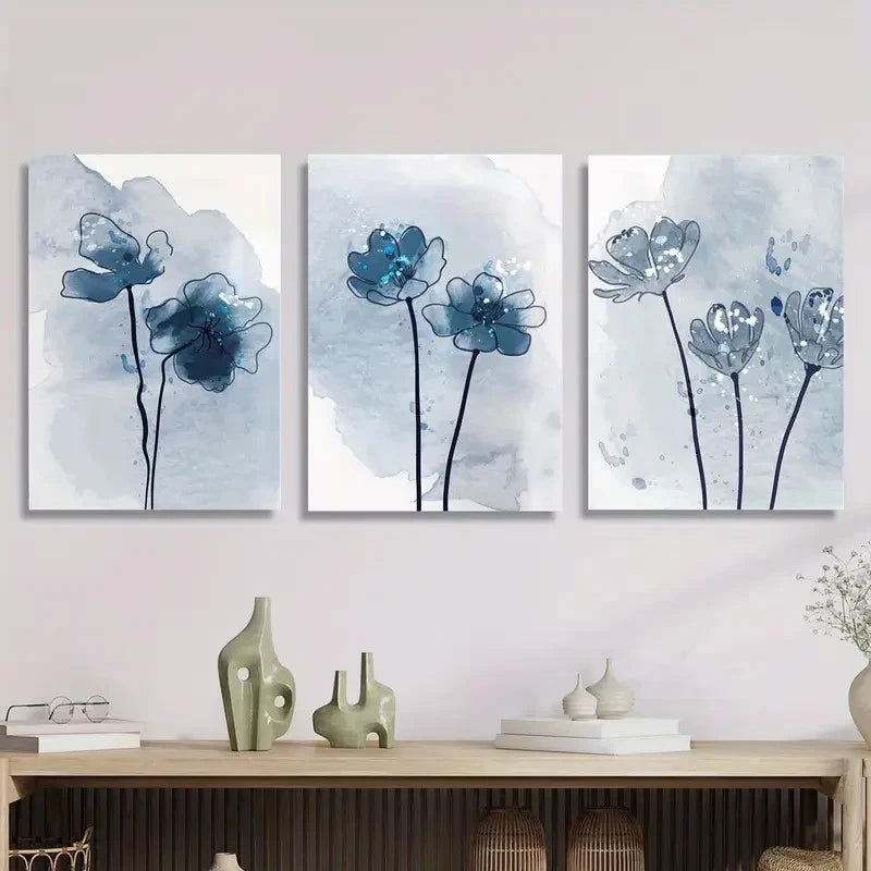 3pcs Blue Botanical Abstract Art Painting Metal Print Ready to Hang Art