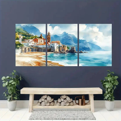 3pcs Atrani Scenic Beach & Mountain View Metal Print Ready to Hang Art