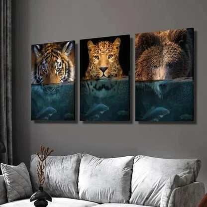 3pcs Underwater Tiger Leopard Grizzly Bear Wall Art Set Canvas Unframed - High Quality Print 100% Australian Made Wall Canvas