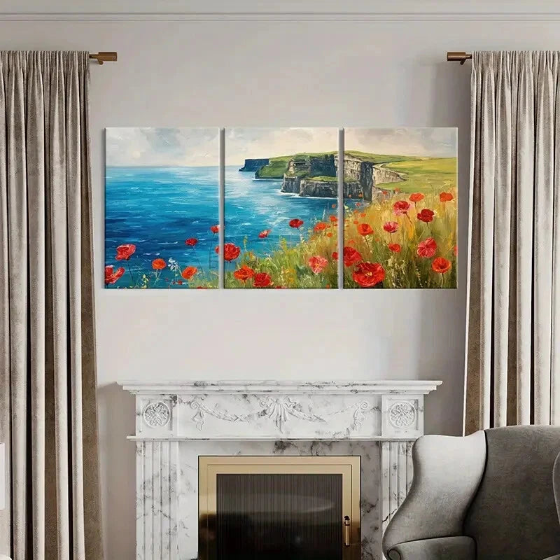 3pcs Artistic Ocean Cliffs Landscape Red Flowers Metal Print Ready to Hang Art