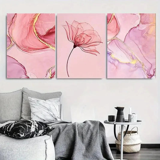 3pcs Pink Alcohol Ink Floral Bloom Metal Print Ready to Hang Art