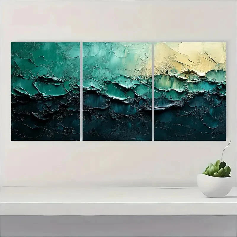 3pcs Abstract Painting Green and Black Metal Print Ready to Hang Art